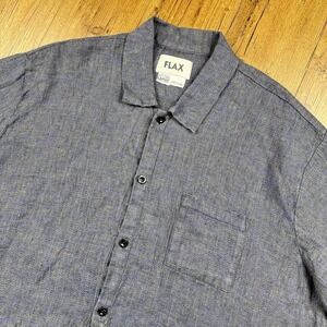 Flax Linen Shirt Men L Navy Blue Speckled Button Up Woven Breathable Lightweight